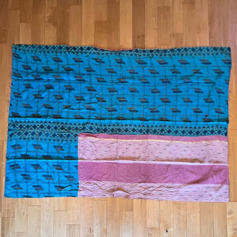 Melange Home Indian Kantha Quilt Throw 86x61 Blue Pink Reversible 100% Cotton